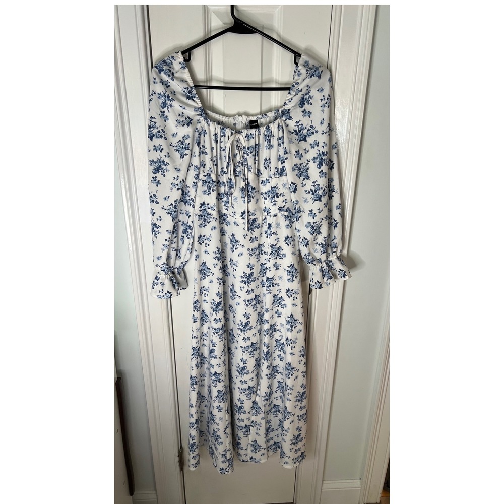 Shein Blue White Floral Toile Puff Sleeve Midi Dress Side Slit Cottagecore XS